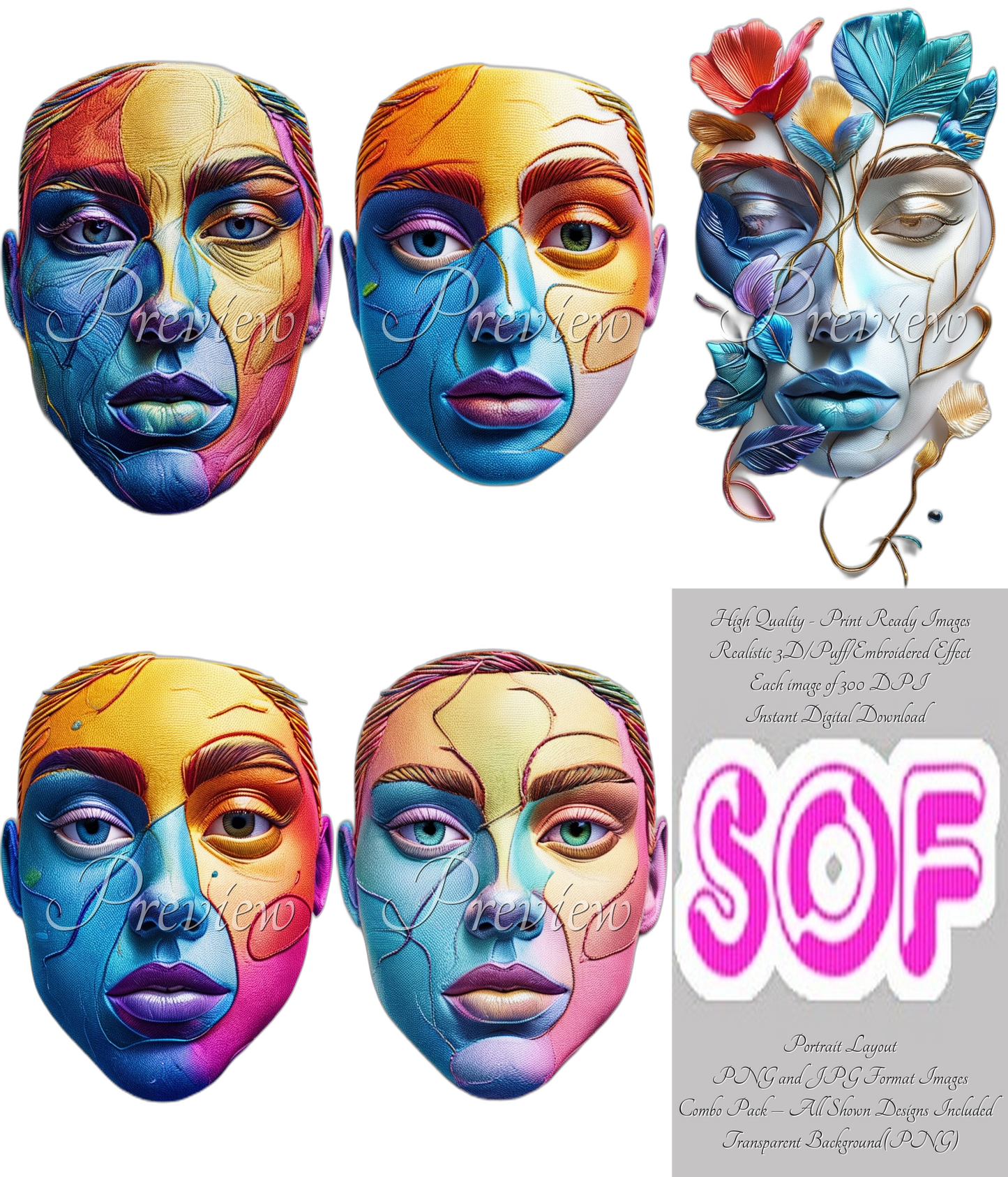 Human Face #style1 Theme Pack of 5 Digital Images | 300 DPI Printable Art | Print on Demand Images