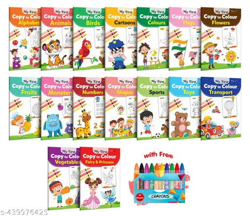 My First Copy to Colour -Alphabet  Animals  Birds  Cartoons  Colours  Monster  Flowers  Fruits  Numbers & more with 10 WAX CRAYONS : Kids colouring book  Copy colour book - Combo of 16 Colouring Books