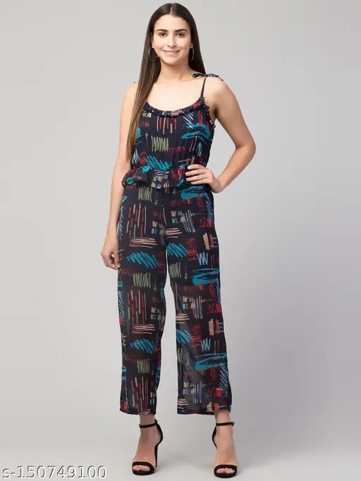 Women Girls Tie-up Shoulder Straps Printed Georgette Flared Jumpsuit