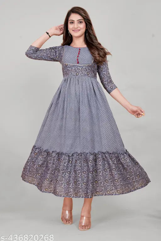 Ashima Designer Grey Color Foil Print Patch Work  Flared Anarkali Kurti