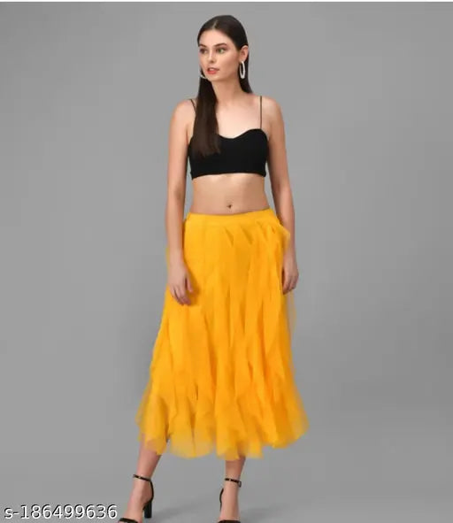 Women Flared Solid Mesh Skirt