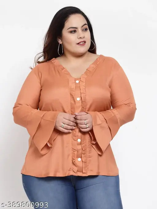 FAZZN Plus-Size Customizable Plunging Neck Full Sleeves Brown Rayon Top