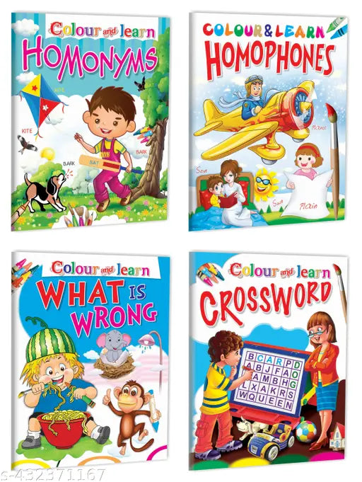 Colour and Learn Homonyms  Homophones  What is Wrong and Crossword book for kids : Colouring book for kids  Colour and learn book  Colouring activity book for kids - Set of 4 colouring book for kids.