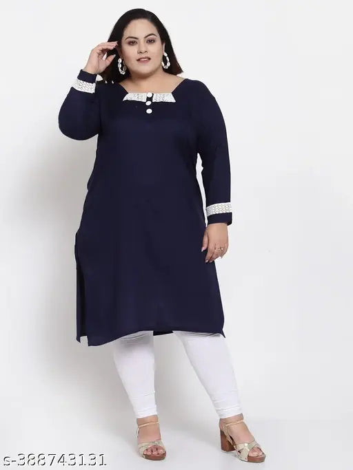 FAZZN Plus Size Knee-Length A-Line Rayon Blue Kurti with Full Sleeves