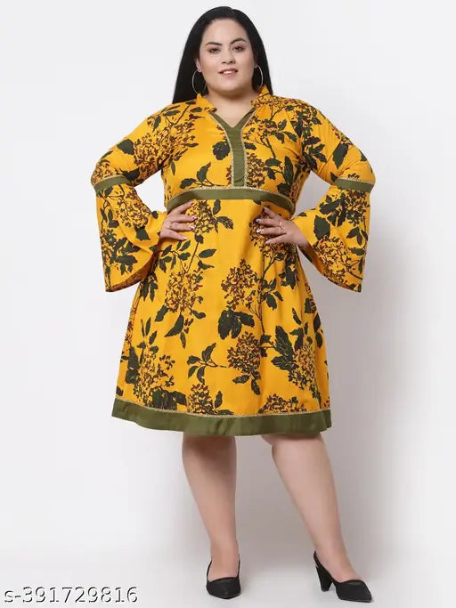 FAZZN Plus Size Customizable Knee-Length V Neck Flared Full Sleeves Screen Printed Rayon Dress in Yellow