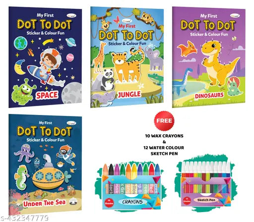 My first Dot to Dot Sticker & Colour Fun - Under the Sea  Jungle  Space and Dinosaurs with 10 wax crayons and 12 Water colour sketch pen : Colouring book for kids  Creative colouring Book  Art and Sticker Book - Combo of 4 Colouring Books