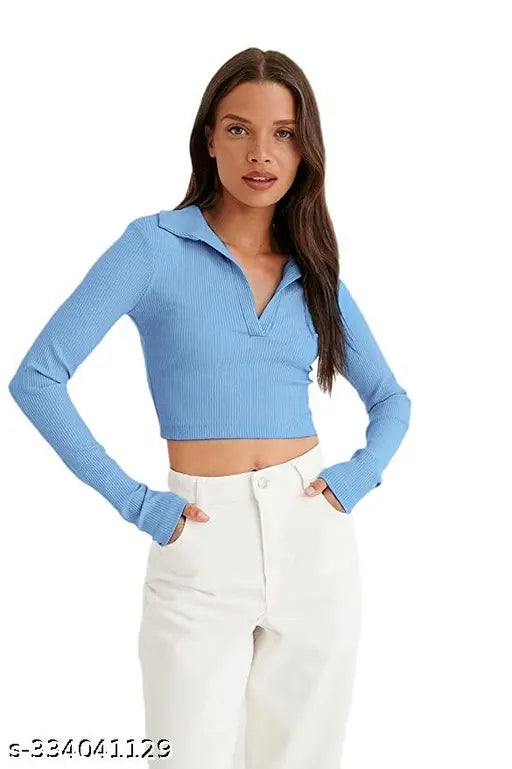 Women Sleveeless Polo Collar Ribbed Full Sleeve Solid Cotton Crop Tops & Tunics