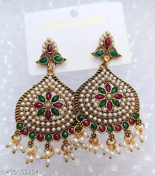 Gold Plated Kundan Earrings   Red Green Kundan Earrings - Multicolour Earrings for Women 