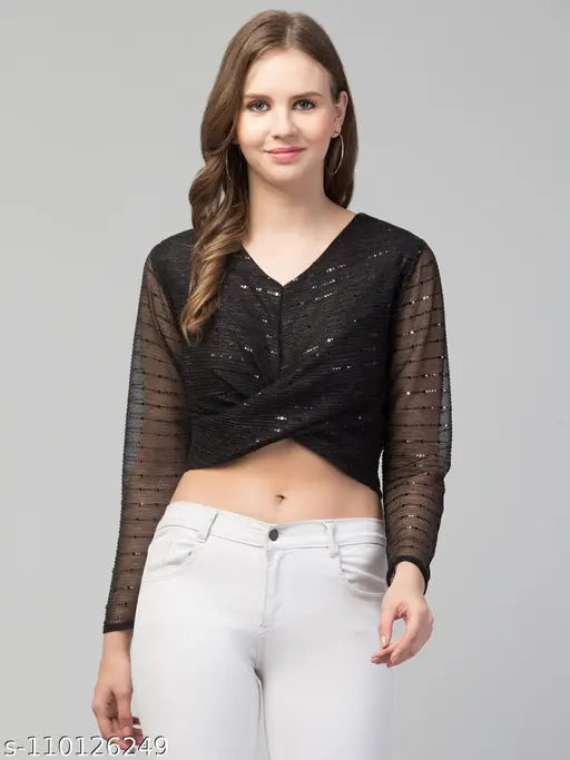 Women Girls Knot Style Tinsel Bling Top