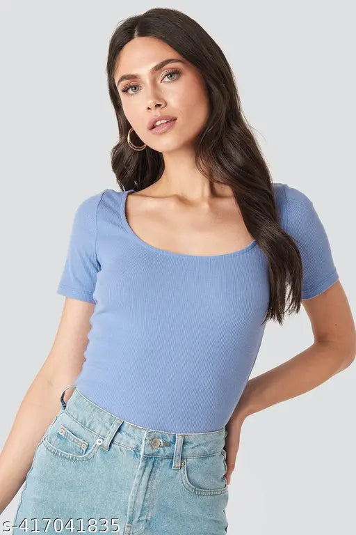 Redamancii Scoop Neck Short Sleeve Casual Ribbed Top for  Girls and Women