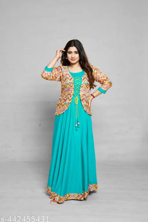 Ashima Designer Aqua Blue Color Premium Rayon Kurti With Matching Koti Tussle And Tie Design