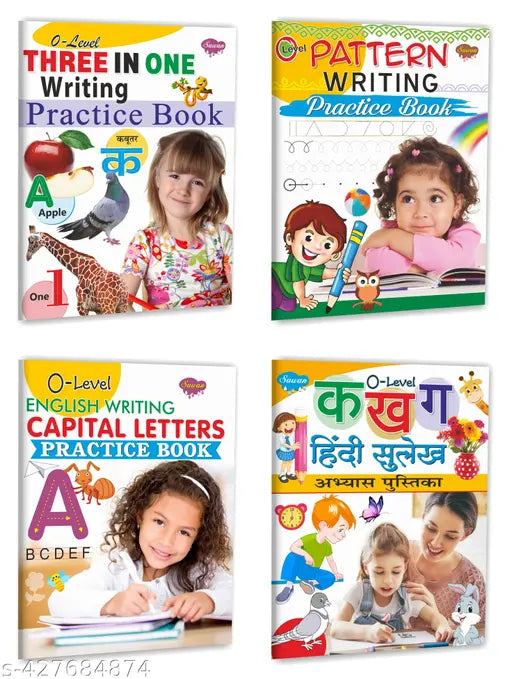 O-Level Three in One Writing  Pattern Writing  English Writing Capital Letters and Ka Kha Ga Hindi Sulekh Writing Practice Book : Writing practice book  English learning practice book  Children learning book - Set of 4 books.