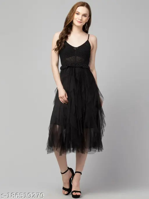 Women Crochet Solid Mesh Dress