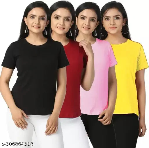 Women's Solid Round Neck Half Sleeve Combo T-shirts - Women's Combo T-shirts Pack of 4 Tshirts 