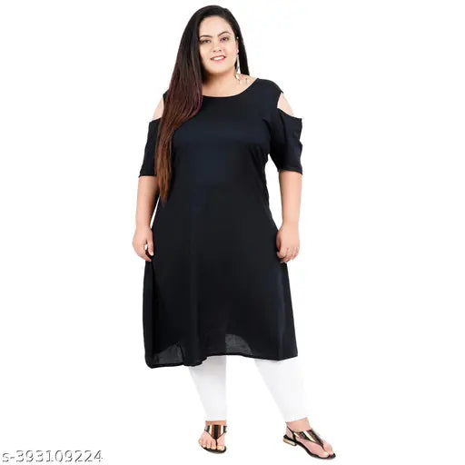 FAZZN Plus Size Customizable Knee Length Black Rayon Kurti with Round Neck and Half Sleeves (Also Available in Other Colors)