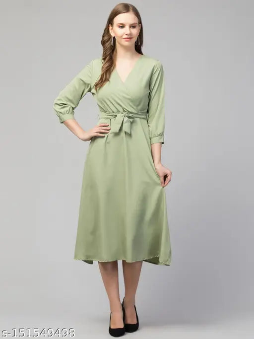 Women Solid Belted Midi Dress