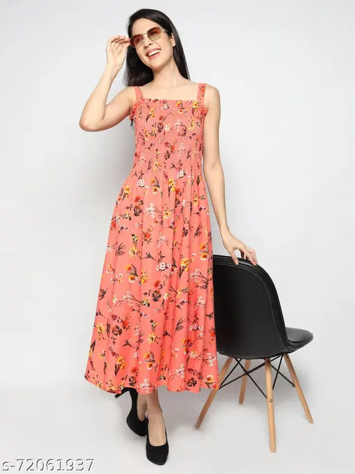Nature Craft Pink Color Floral Printed A-Line Sleeveless Dress