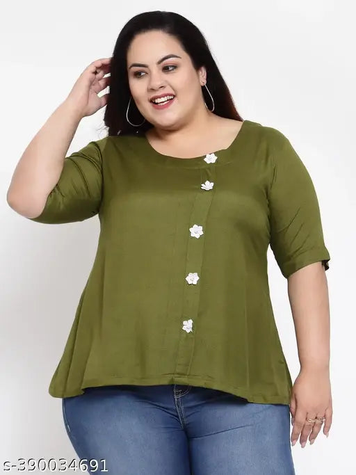 FAZZN Plus Size Green Rayon Round Neck Half Sleeves Top