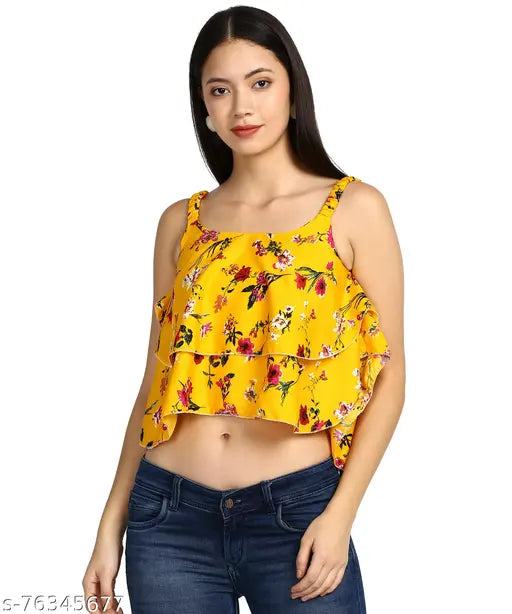 Nature Craft Floral Printed Mustard Colored Crepe Crop Top With Square Neck