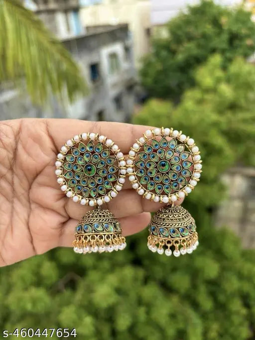 Traditional Ethnic Fancy Stylish Diamond Studded GREEN Jhumka Jhumki Earrings for Girls and Women -
