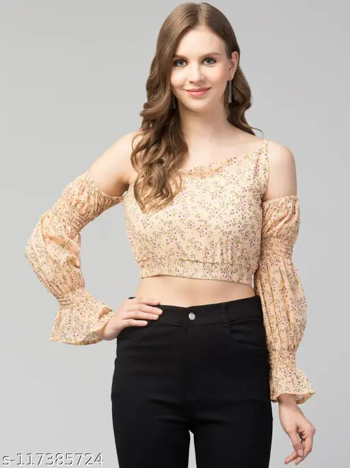Women Girls Cold Shoulder Floral Crop Top