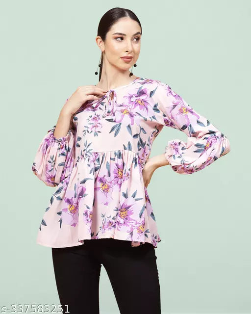New Printed Crepe Pink Hip Length Western Wear Top