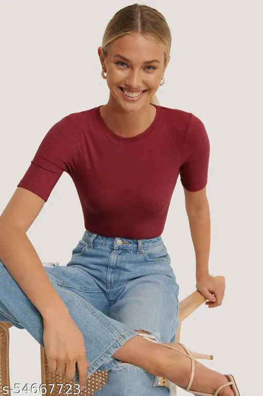 Round Neck Half Sleeve  Ribbed  Top for Women