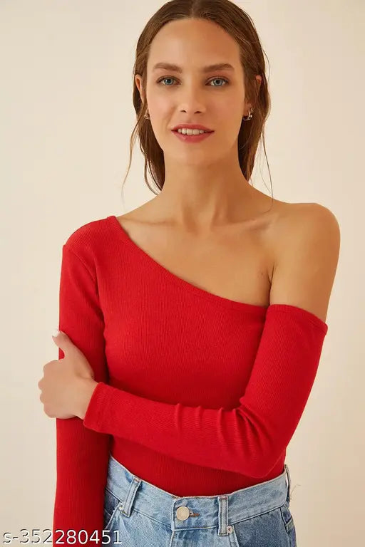 Women Casual Wear One Shoulder One Sleeve Cotton Blend Ribbed Top for woman and Girls