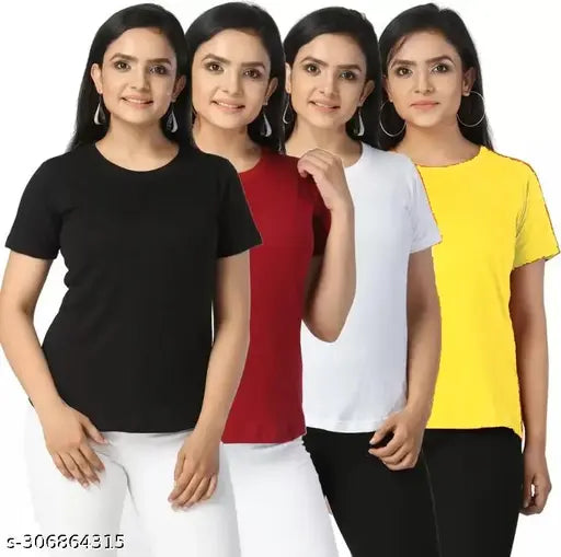 Women's Solid Round Neck Half Sleeve Combo T-shirts - Women's Combo T-shirts Pack of 4 Tshirts 