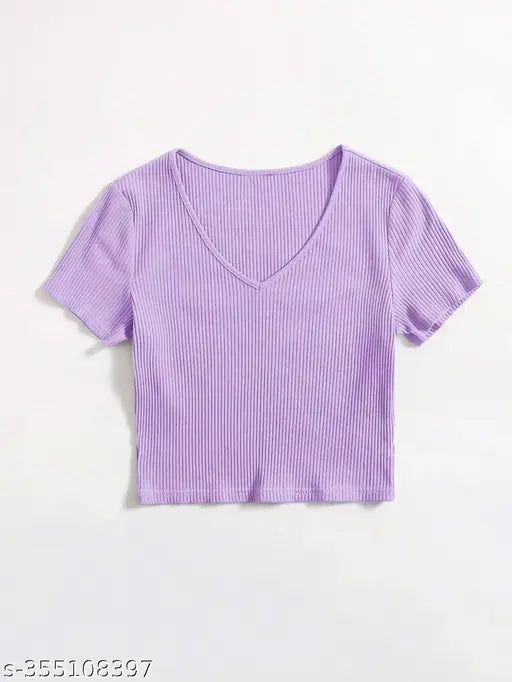 Women Casual Wear V Neck Half Sleeve Cotton Blend Ribbed Crop Top for women and Girls