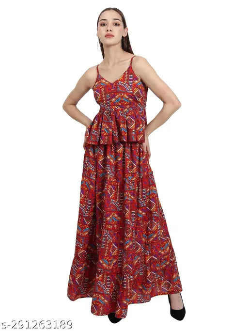 Nature Craft Women Red Crepe stripe shoulder Floral Print Top with Long skirt set