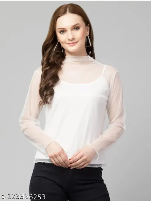 Women Girls Solid Mesh Tops & Tunics