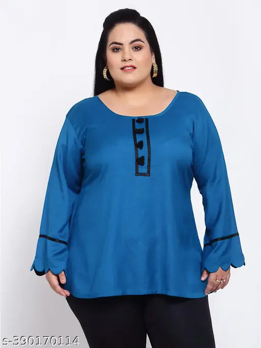 FAZZN Plus Size Round Neck Full Sleeve Top (Blue)