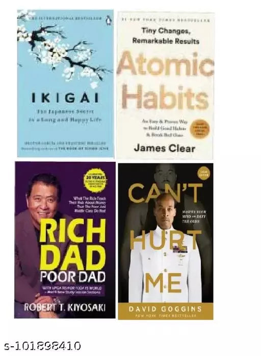 Ikigai + Can't Hurt Me + Rich Dad Poor Dad + Atomic Habits  (Paperback  Ikigai + rich dad poor dad + atomic habits)