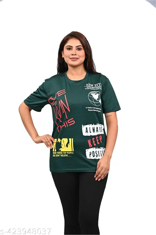 Woman Round Neck Cotton Blend Printed T shirt