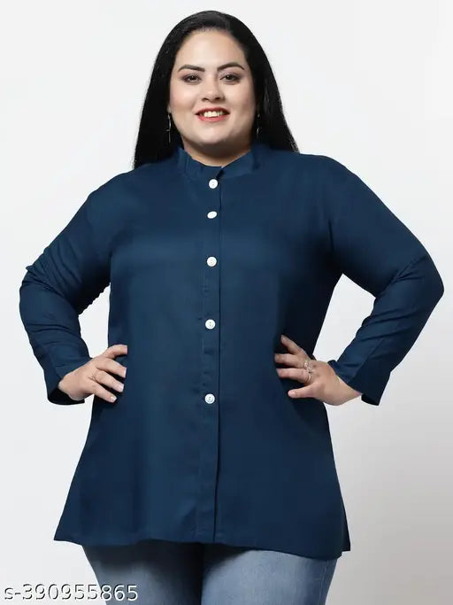 FAZZN Plus Size Firozi Rayon High Neck Full Sleeves Solid Top