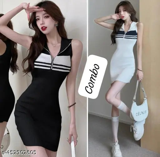 Stylish Mini Line Dress for Women Blackwhite Color One Pieces Mini Line Dresses for Women.