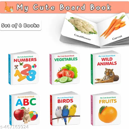 Early Learning Board Book Set for Toddlers – 6 Book Collection for kids - ABC  Numbers  Fruits  Vegetables  Wild Animals  Birds  Baby picture books  Kids educational board books