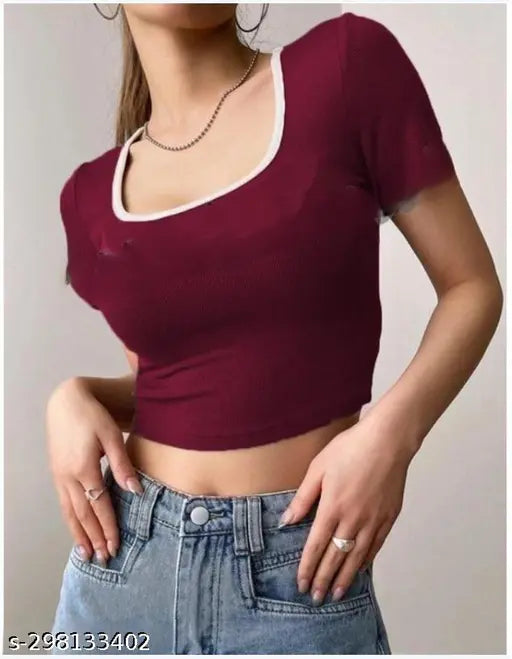 Deep Neck Short Sleeve Contrast Top