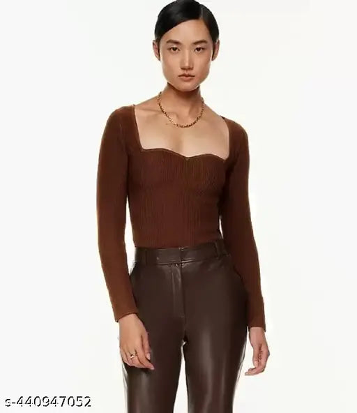 Heart Neckline Rib Top Long Sleeves