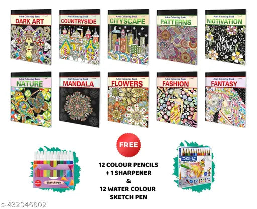 Motivation  Fashion  Mandala  Nature  Cityscape  Patterns  Flowers  Countryside  Fantasy and Dark Art - Adult Colouring Book with 12 Water Colour Sketch Pens and 12 Colour Pencils + 1 Sharpener : - Pack of 4 Adult colouring books