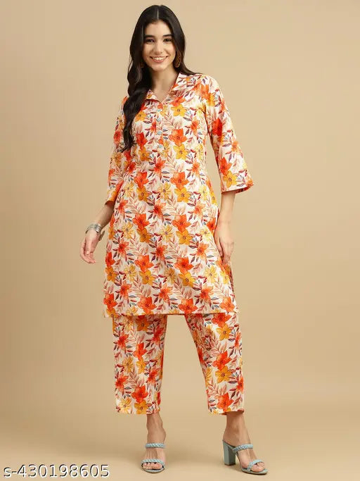 J Turritopsis Women's Poly Cotton Printed Kurta with Pant Co-ords Set