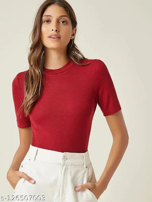 Women Casual Wear Round Neck Half Sleeve Ribbed Top