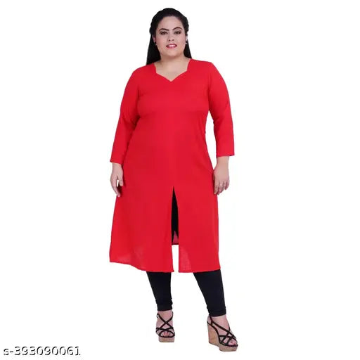 FAZZN Plus Size Customizable Knee Length Red Rayon Kurti with A-Line Fit and V Neck