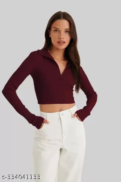 Women Sleveeless Polo Collar Ribbed Full Sleeve Solid Cotton Crop Tops & Tunics