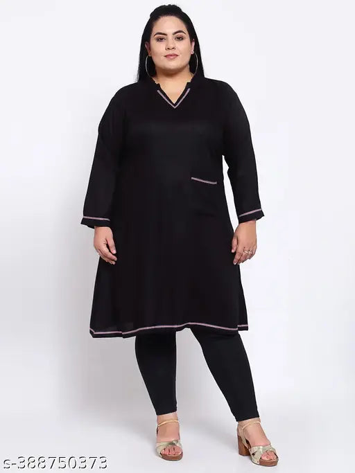 FAZZN Plus Size Black Rayon Knee Length Straight V Neck Kurti with Full Sleeves