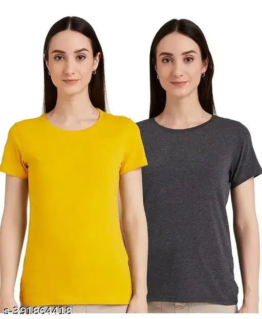 Nature Craft Yellow&Greay Cotton Solid T-shirt For Women