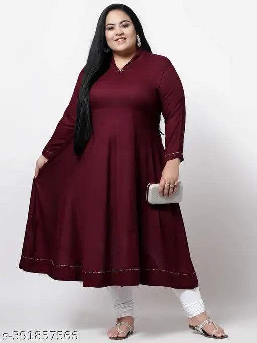 FAZZN Plus Size Rayon Ankle Length Straight V Neck Maroon Kurti