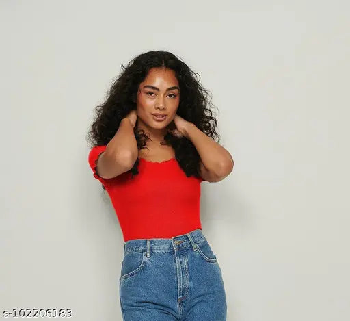 Deep Round Neck Babylock Short Sleeves Ribbed Top