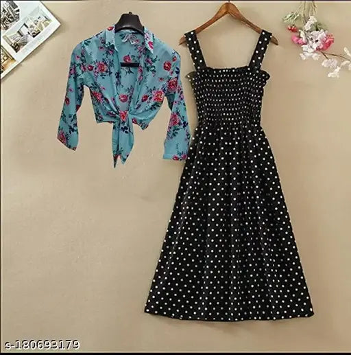 Nature Craft Women Stylish and Trendy Polka Smoking Dress with Blue Floral Shrug
